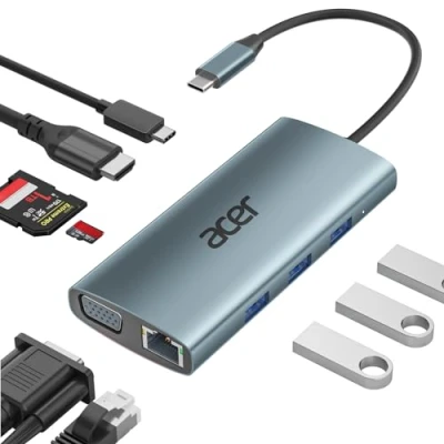 Afbeelding van acer 9EN1 USB C hub, dockingstation met HDMI 4K @30Hz, Ethernet, 3*USB 3.0, PD 100W, SD/TF kaartlezer, naar VGA adapter, compatibel MacBook, Acer, Surface enz.