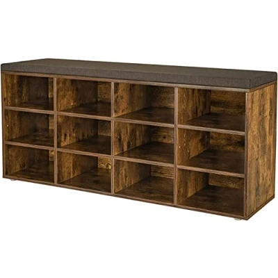 Afbeelding van VASAGLE LHS012B01 Schoenenbank met zitting, opbergbank, kussen, 12 vakken, verstelbare planken, voor woonkamer, hal, 30,3 x 104 48 cm, vintage bruin