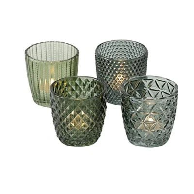 Afbeelding van Boltze Windlicht Set Marilu 4 delig (groen, decoratieve glazen voor kaarsen / theelichtjes, kaarsenstandaard ø 8 cm, verschillende patronen, vorm rond, theelichthouder) 1014420