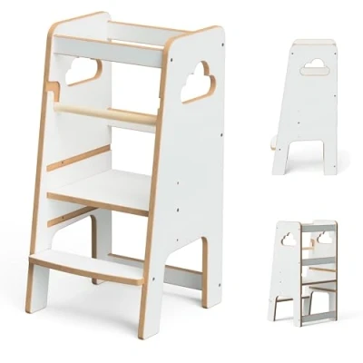 Afbeelding van Leertoren, uitkijktoren voor kinderen vanaf 1 jaar, keukenhelper, in hoogte verstelbaar kinderen, draagkracht 50 kg, opstapkruk, Montessori (wit 3)