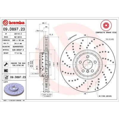 Afbeelding van BREMBO 09.D897.23 remschijf 395 36 5 geperforeerd/interne ventilatie, tweedelige Gecoat High carbon Met schroeven BMW: Saloon, X5