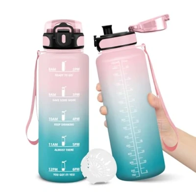 Afbeelding van Gourde, 1500ML Sans BPA, Gourde sport, Conception de Verrouillage Anti Fuite, Bouteille, Avec Horodatage, Bouteille Eau pour École, Yoga, En cours d&#039;exécution, Escalader Des Montagnes RoseCyan