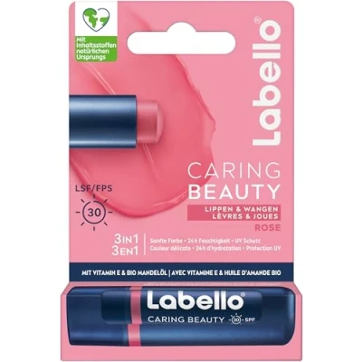 Afbeelding van Labello Caring Beauty Rose lippenbalsem met kleur en zonbescherming, gekleurde lippenverzorging SPF 30, vitamine E biologische amandelolie (4,8 g)