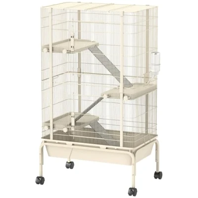 Afbeelding van PawHut Cage pour petits animaux, rongeurs, furet, avec 3 rampes, plateau extensible, mangeoire, bouteille d&#039;eau, accessoires chinchilla, écureuil, hamster nain beige