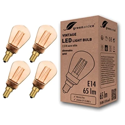 Afbeelding van Greenandco® ledlamp, dimbaar, decoratief, vintage, retro, industrieel, antiek, Edison, E14, ST45, 2,3 W, 65 lm, 1800 K, zeer warm wit, 320 graden, 230 V, geen flikkeren, 4 stuks