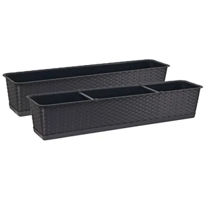 Afbeelding van Tymar Set van 2 bloembakken met onderzetter, rotan kunststof plantenbak voor tuin, balkon, terras, antraciet, 80 cm