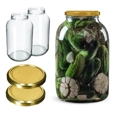 Afbeelding van KADAX Set van 2 voorraadpotten, rond, met goudkleurig deksel, 4 liter, diameter 100 mm, inmaakpotten, komkommer