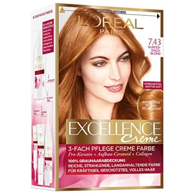 Image de L&#039;Oréal Paris coloration permanente pour cheveux gris, 100% de couverture des blancs, kit avec coloration, shampoing et triple soin crème, crème Excellence 7.43 Blond doré