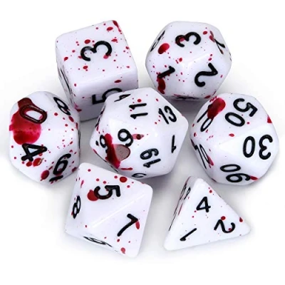 Afbeelding van FLASHOWL D&amp;D dobbelstenen set met onregelmatige jet bige rode stippen veelvlakkige D20 van 7 Dungeons and Dragons (fuchsia)