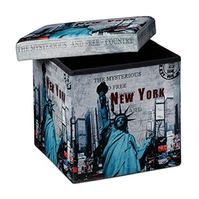 Afbeelding van relaxdays Opvouwbare poef vierkant Kruk / stoeltje Keuze motief 38x38x38 opslag 40 L New York