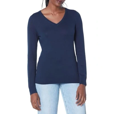 Image de Amazon Essentials Chandail léger à manches longues et col en V pour femme (disponible grande taille), bleu marine, taille S