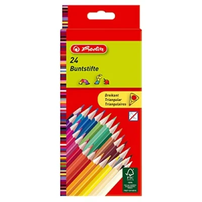 Image de HERLITZ crayons de couleur triangulaires, étui carton 24 en tilleul, laqués, assortis dans les couleurs blanc, gris, peau, jaune chromé, jaune, orang
