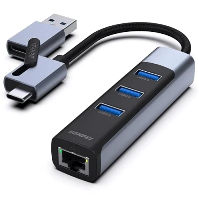 Afbeelding van Benfei USB 3.0/ C Ethernet Adapter RJ45 met 3x 3.0 Poorten 10/100/1000 Mbps LAN Netwerk Spacegrey C/ A naar en Splitter