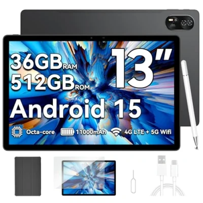 Afbeelding van Blackview tablet 13 inch Mega8, Android 15 met 90Hz display, Dual 4G LTE &amp; 5G WiFi, 11000 mAh, 36 GB RAM + 512 ROM/2 TB TF, Octa Core, IA camera, Widevine L1/GPS/WPS/PC modus, optische