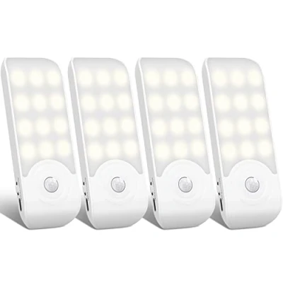 Afbeelding van Automatisch led nachtlampje, 4 stuks, 12 leds, oplaadbaar, USB, met bewegingsmelder en lichtsensor, 3 modi (auto/aan/uit) zelfklevende magneet, voor trappen, kasten, hal