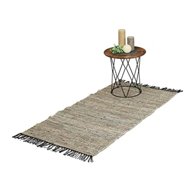 Afbeelding van Relaxdays vloerkleed leder en katoen tapijt met franjes diverse kleuren binnenkleed Grijs, 70x140cm