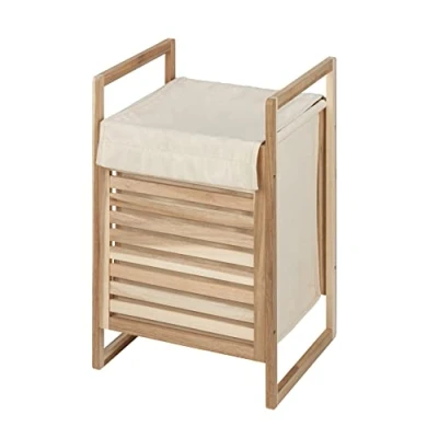 Afbeelding van Wasmand hout met waszak / wasbox bruin creme