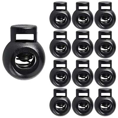 Afbeelding van TrySalar 12 stuks ronde koordstoppers van kunststof met één gat voor trekkoord, paracord, rugzak, knutselen, zwart, 14 x 18 mm, zwart.