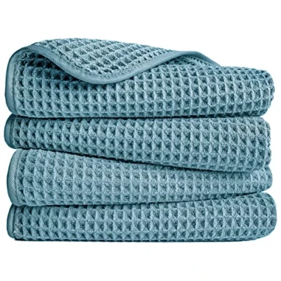 Afbeelding van POLYTE Set van 4 pluisvrije microvezel handdoeken, 40 x 76 cm, groen, wafelpatroon