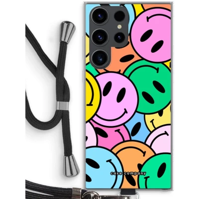 Afbeelding van Case Company® hoesje met Koord geschikt voor Samsung Galaxy S23 Ultra Smiley N1 Telefoonhoesje Zwart Bescherming aan alle Kanten en Over de Schermrand