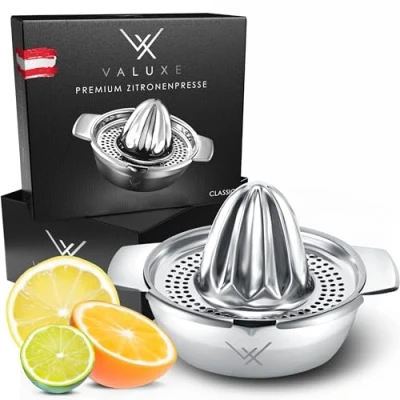 Afbeelding van VALUXE® Presse agrumes en acier inoxydable de qualité supérieure Pour citrons, citrons verts et oranges Avec récipient 350 ml citron manuel Passe au lave vaisselle