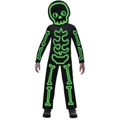 Afbeelding van amscan 9907099 Lichtgevend skeletkostuum voor jongens en meisjes Glow in the Dark Stick, compleet kostuum carnaval, themafeest, Halloween, 6 8 jaar, groen