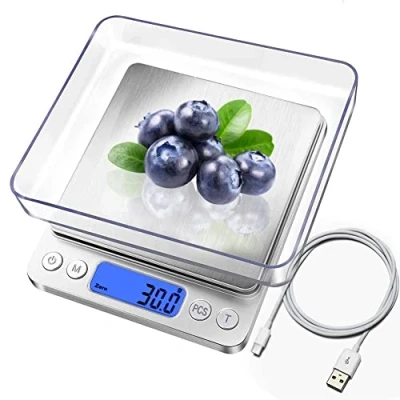 Afbeelding van QIANLAINIAO digitale keukenweegschalen, USB oplaadbaar, 3 kg/0,1 g mini voedselweegschalen, elektrische kookweegschalen, waterdichte schaal LCD scherm, roestvrij staal, voor ingrediënten sieraden koffie