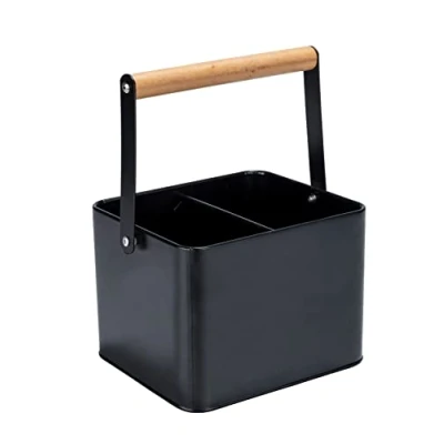 Afbeelding van WENKO Keukengereimand Baco, Black Outdoor Kitchen accessoire, robuuste draagmand van gepoedercoat zwart metaal met flexibele houten handgreep, ideaal voor het vervoeren sauzen, 18 x 25,5 15 cm
