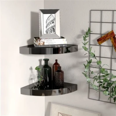 Afbeelding van Hoekschappen zwevend 2 st 25x25x3,8 cm MDF hoogglans zwart