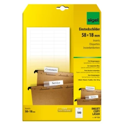 Afbeelding van SIGEL LP725 hangmappenetiketten, 5,8 x 1,8 cm, 185 g, 180 stuks