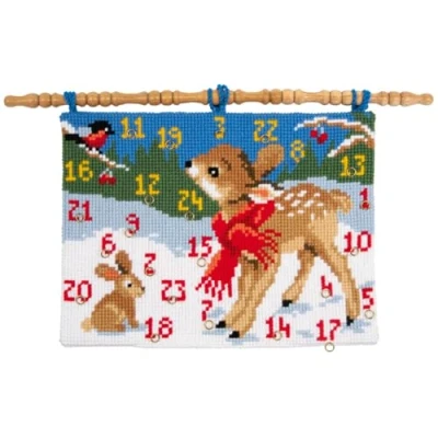 Afbeelding van Vervaco Kruissteekwandtapijt kit met 24 gouden ringen Winterlandschap een Bambi, vogel en konijn, Adventskalender PN 0165639