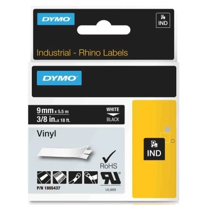 Image de DYMO Rhino Etiquettes Industrielles Vinyle 9mm x 5.5m Blanc sur Noir