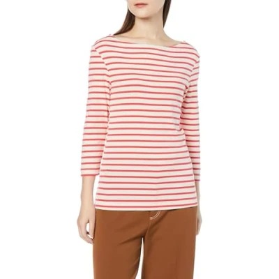 Image de Amazon Essentials T Shirt Col Bateau Uni Coupe Ajustée à Manches 3/4 Women&#039;s, Orange Corail Blanc Cassé Rayures, XL