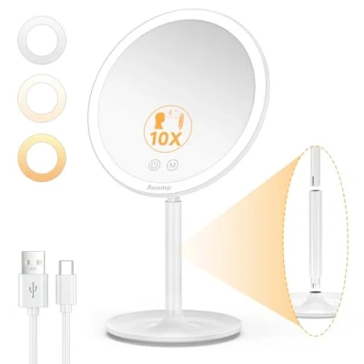 Afbeelding van Auxmir 10 keer vergrotende make up spiegel met ledverlichting, oplaadbare badkamerspiegel, cosmeticaspiegel standaard voor sieraden, 360 rotatie.