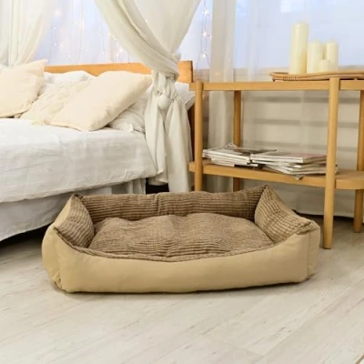 Afbeelding van Odolplusz Hondenbed, knuffelmand met omkeerbaar kussen, overtrek afneembaar en wasbaar, vulling van 100% huidvriendelijke PU spons, 100 x 70 cm, beige