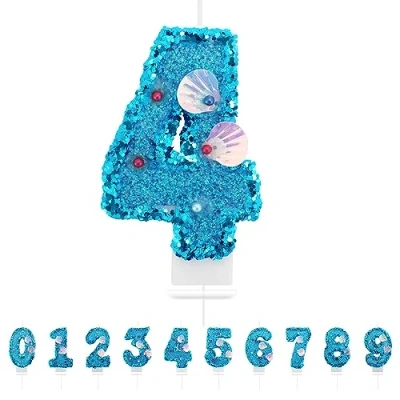 Afbeelding van verjaardagskaarsen, cijfers, 4,3D, zeemeermin, blauwe kaarsen, verjaardag, cijfer 4, zeemeermin taarttopper, decoratie, taartdecoratie, verjaardagskaarsen voor