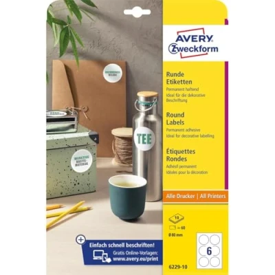 Afbeelding van Avery Zweckform Ronde Etiketten, Diameter 80 Mm, Wit, Permanent Klevend, 60 10 Vellen Etiket
