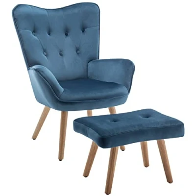 Afbeelding van Fauteuil met voetsteun, relaxstoel, woonkamerstoel, fluweel, bijzetstoel, HollyHOME leesstoel, slaapkamerstoel, blauw