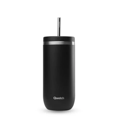 Afbeelding van QWETCH Cold Cup Thermosbeker met rietje, 600 ml, zwart, 24 uur ijskoud en 12 koud gerecycled roestvrij staal, spatvrij ideaal voor verse dranken, Bubble Tea ijskoffie