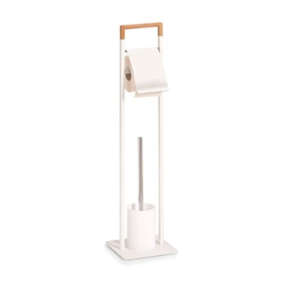 Afbeelding van Zeller Toiletborstelhouder inclusief WC rolhouder en borstel wit metaal / bamboe 75 cm