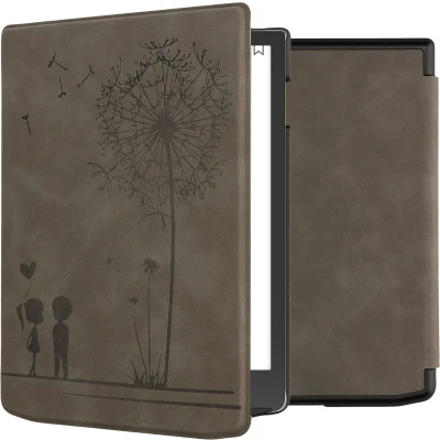 Afbeelding van kwmobile e reader hoesje geschikt voor Pocketbook InkPad 4 hoes Ereader flip case met standaard Kunstleren cover Paardenbloemen Liefde design in grijs