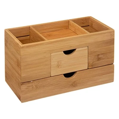 Afbeelding van Sieraden/make up organizer met 3 vakken en 2 lades 24 x 14,5 cm van bamboe Sieradenkastje Make upkastje Organizers