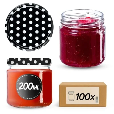 Afbeelding van KADAX Kleine weckpotten, 200 ml, jampotten, FI66 mm, mini honing en kruiden luchtdichte ronde potten (100 stuks, zwart, gestippeld)