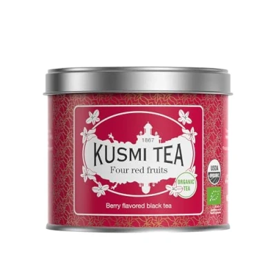 Image de Kusmi Tea Quatre Fruits Rouge Bio Thé Noir Biologique, Aromatisé aux Fraises, Framboises, Groseilles et Cerises Boîte Métal 100g Quantité pour environ 50 Tasses