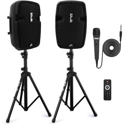 Image de Kit Enceintes Bluetooth avec 2 Pieds Pyle 700 W Noir pieds, 1 télécommande, 1microphone et câble d&#039;alimentation