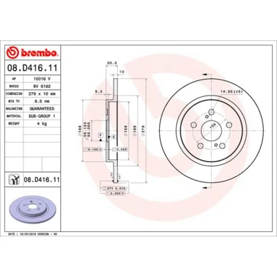 Afbeelding van BREMBO 08.D416.11 Remschijf 279 10 5 volledig Gecoat LEXUS: CT, TOYOTA: Urban Cruiser