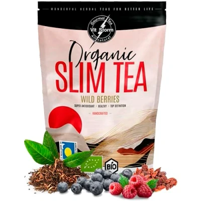 Afbeelding van SLIM TEA Wild Berries biologische rode vruchten Detox &amp; Antioxidant Infusie Groene thee, Rooibos, Brandnetel, Goji bessen, Guarana Kruidenthee van landbouw, 100 g VITSTORM