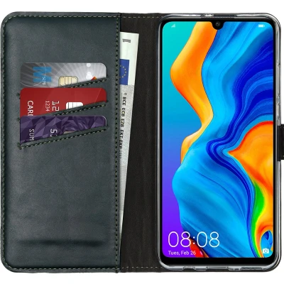 Afbeelding van Selencia Hoesje Geschikt voor Huawei P30 Lite Met Pasjeshouder Echt Lederen Bookcase Groen