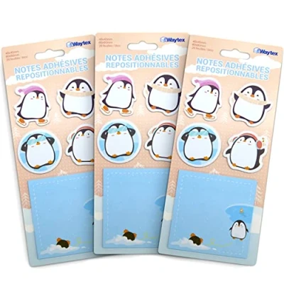 Afbeelding van WAYTEX 300 zelfklevende notities, herpositioneerbaar, fantasie, schattige dieren, 3 displays met 100 4 mini blokken, pinguïns en 1 vierkant blok 8 x cm, bedrukt