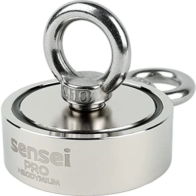 Afbeelding van Sensei magneet 250 kg, dubbelzijdige neodymium N52 met boven en zijhaak, Ø 7,5 x H 2,5 cm, zeer sterke voor thuis, werkplaats, watervissen